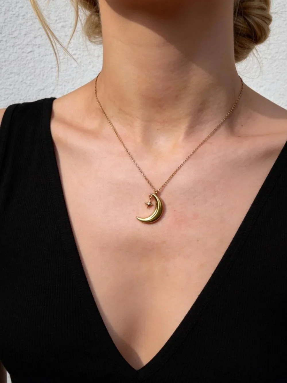 Gold Crescent Moon Star Pendant Stainless Steel - Picture 4 of 13
